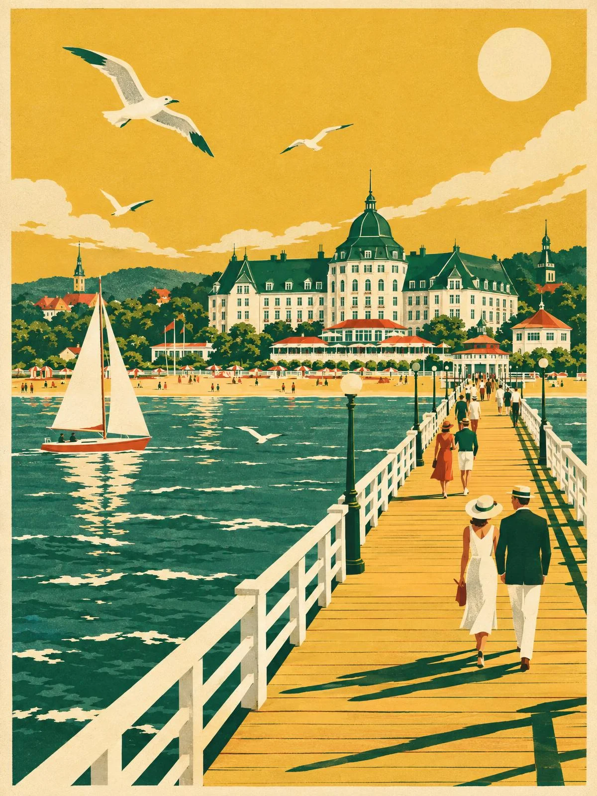 Ilustracja w stylu retro plakatu – molo w Sopocie